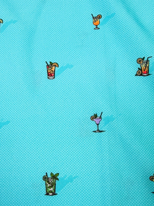 Pattern of colorful cocktail illustrations on a blue background