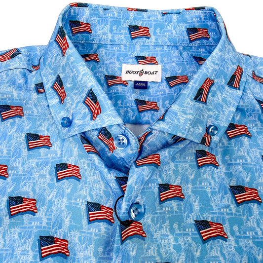 Blue shirt with American flag pattern and 'Buoys & Boats' label.