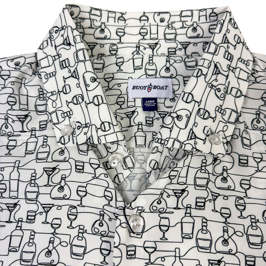 White shirt with black pattern of bottles and glasses, featuring a 'Buddy Boat' label.