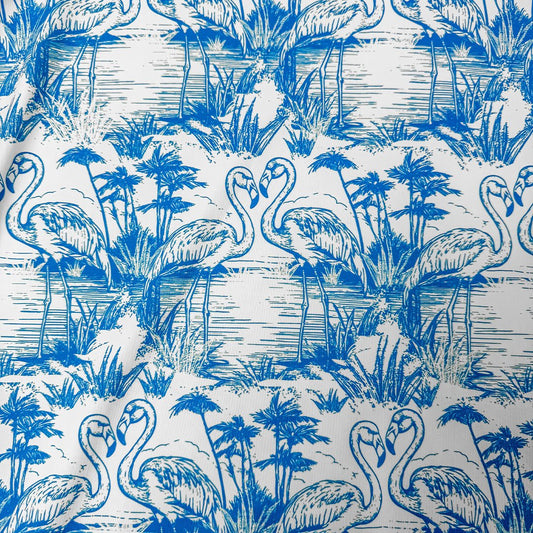 Pattern of blue flamingos and plants on a white background