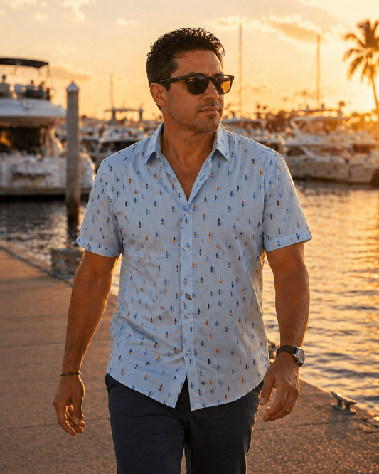 Surfboard Woven Shirt - Buoy & Boat - Short Sleeve Woven - Blue