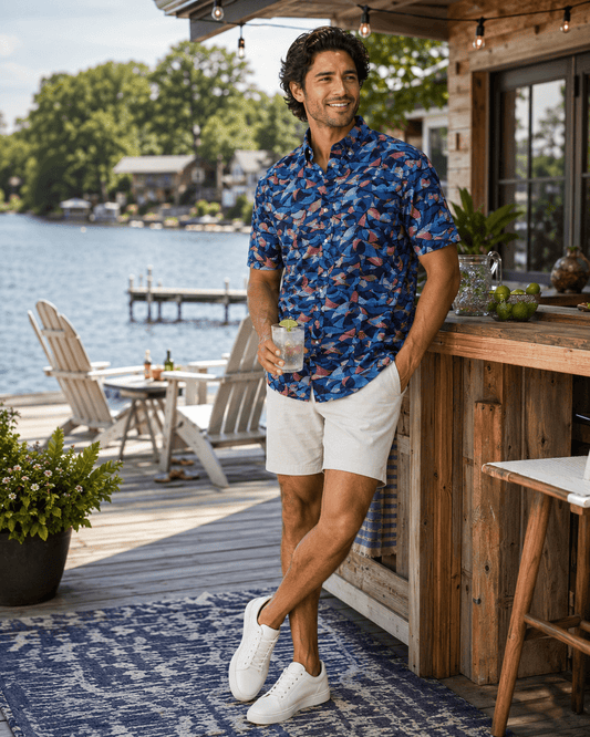 Leaves & Layers Woven Shirt – Navy - Buoy & Boat - Short Sleeve Performance Button Down - Navy