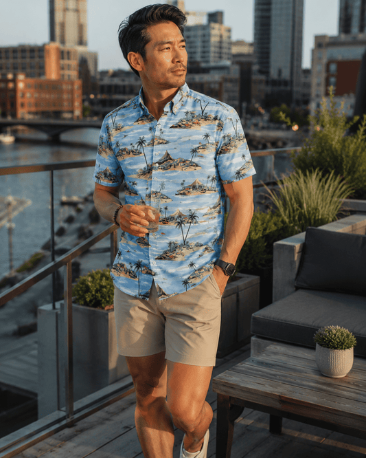 Paradise Woven Shirt - Blue - Buoy & Boat - Short Sleeve Performance Button Down - Blue