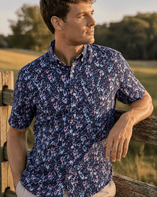 Abstract Fish Woven Shirt - Navy - Buoy & Boat - Short Sleeve Performance Button Down - Navy