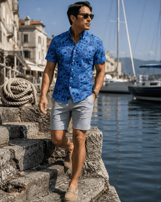 Paisley Skull Woven Shirt - Aqua - Buoy & Boat - Short Sleeve Performance Button Down - Aqua