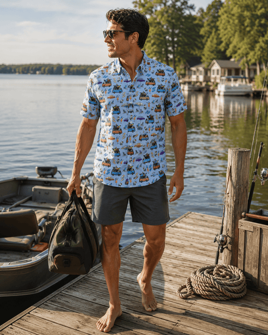 Beach Day Woven Shirt - Blue - Buoy & Boat - Short Sleeve Performance Button Down - Blue