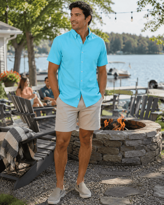 Simple Texture Woven Shirt - Aqua - Buoy & Boat - Short Sleeve Performance Button Down - Aqua