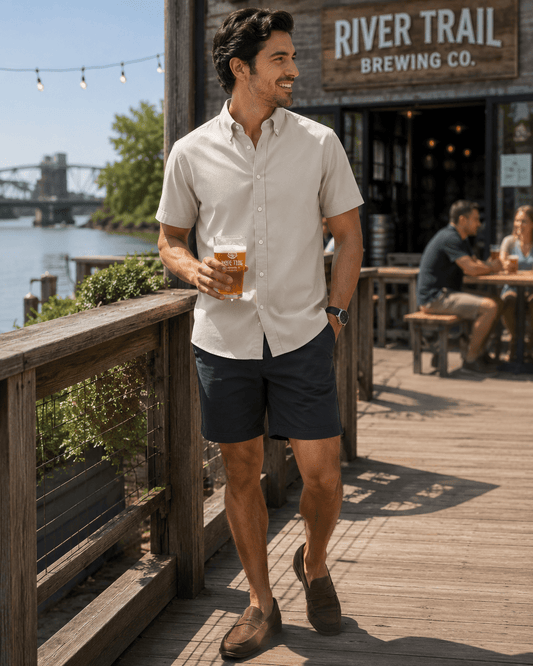 Simple Texture Woven Shirt - Beige - Buoy & Boat - Short Sleeve Performance Button Down - Beige