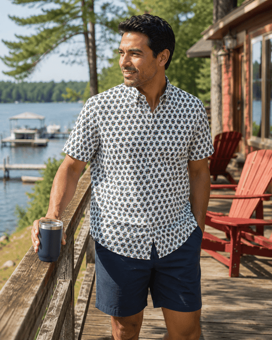 Pineapple Skull Woven Shirt - White - Buoy & Boat - Short Sleeve Performance Button Down - White