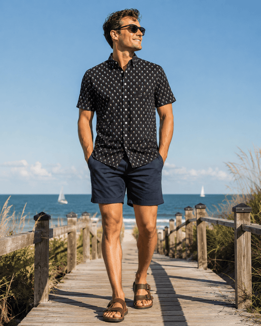 Skull & Fish Bones Woven Shirt - Black - Buoy & Boat - Short Sleeve Performance Button Down - Black