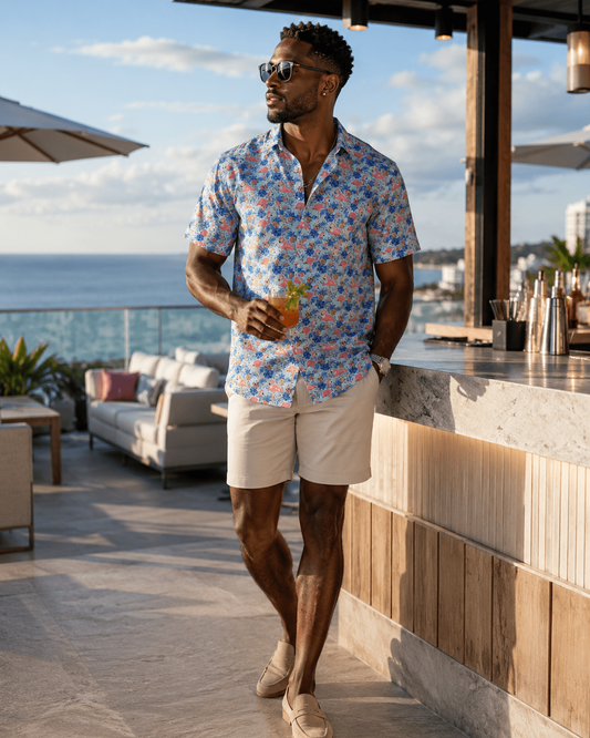 Flamingo Paradise Woven Shirt - Buoy & Boat - Short Sleeve Performance Button Down - Blue