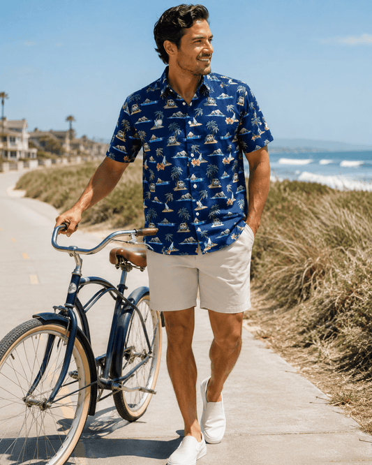 Surf Island Woven Shirt - Navy - Buoy & Boat - Short Sleeve Performance Button Down - Navy