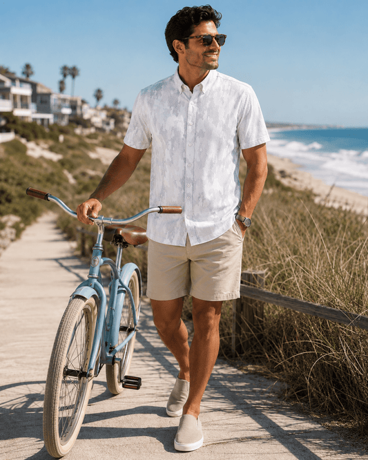 Surf Island Camo Woven Shirt - Gray - Buoy & Boat - Short Sleeve Performance Button Down - Silver