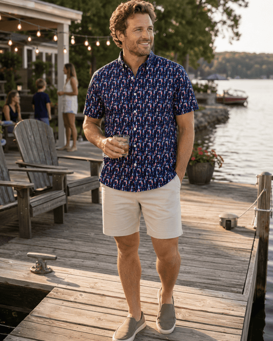 Bottles and Glasses Woven Shirt - Navy - Buoy & Boat - Short Sleeve Performance Button Down - Navy