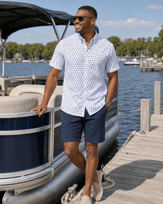 Boats and Dots Woven Shirt - White - Buoy & Boat - Short Sleeve Performance Button Down - White