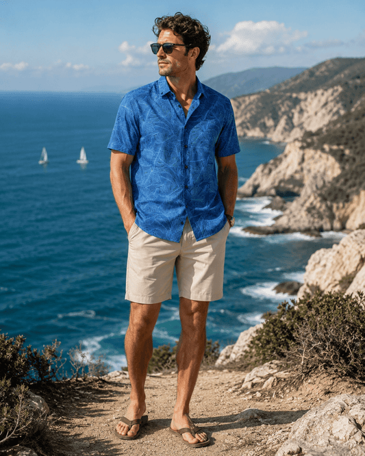 Deep Leaves Woven Shirt - Buoy & Boat - Short Sleeve Woven - Blue