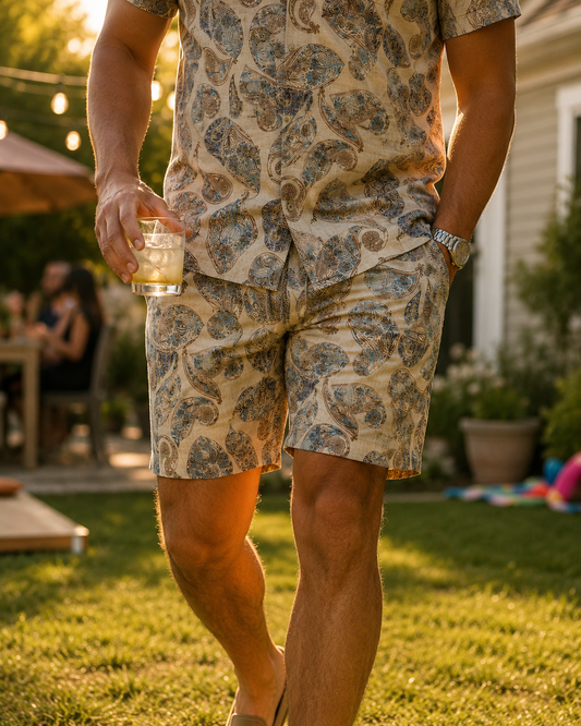 Paisley Time Swim Trunks - Tan/Teal