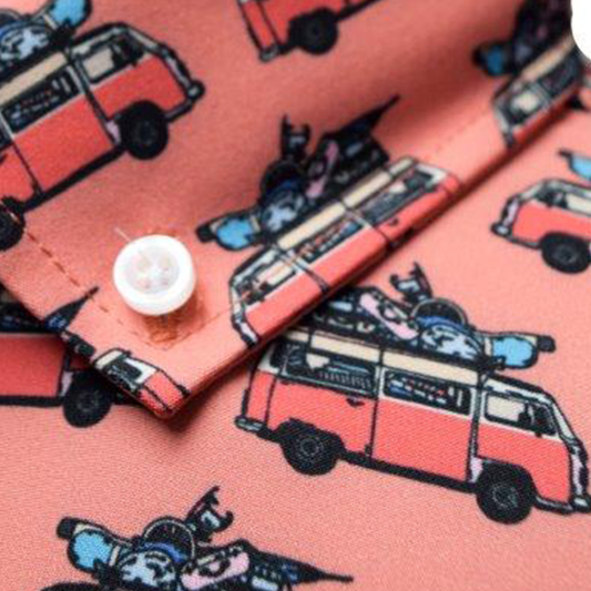 Hippie Van woven shirt coral retro van graphic detail close up