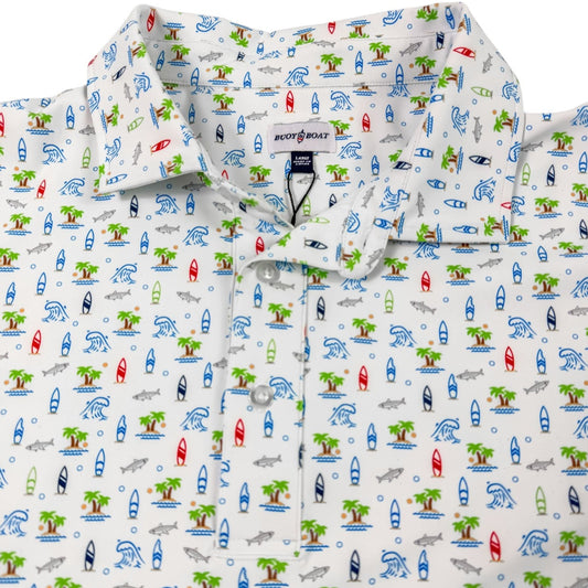 Patterned shirt with colorful design on a white background