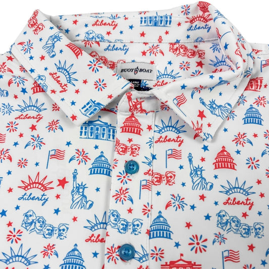 Folded shirt with American-themed pattern on a white background