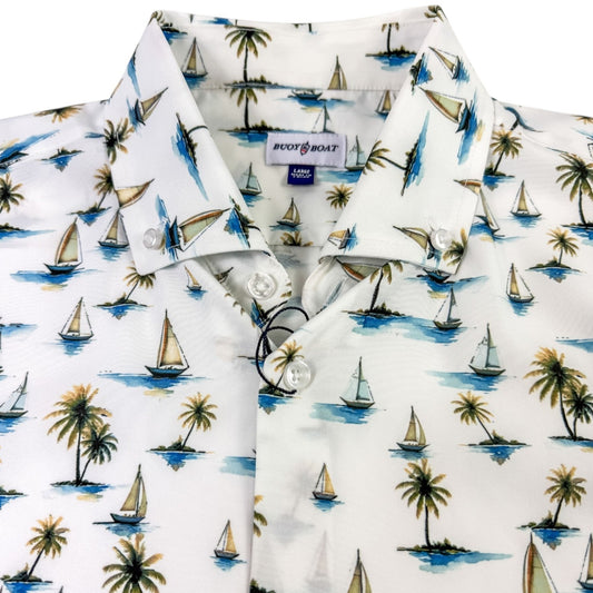Shirt with sailboat and palm tree pattern on a white background