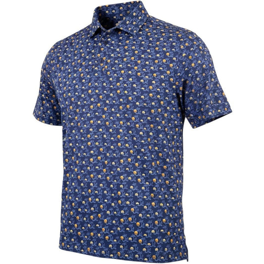 Blue patterned short-sleeve shirt on a white background