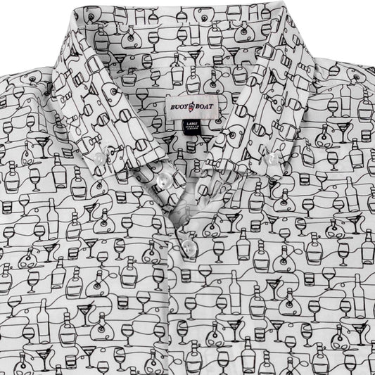 White shirt with black cocktail pattern on a white background