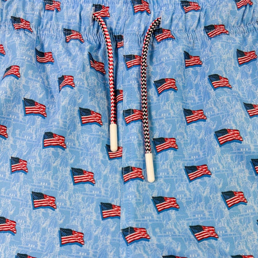 Blue swim shorts with American flag pattern on a white background
