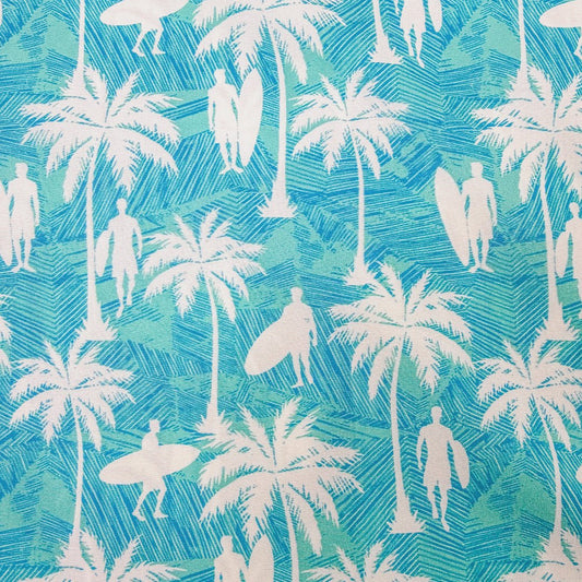 Teal Fabric Pattern of palm trees and surfers on a blue background
