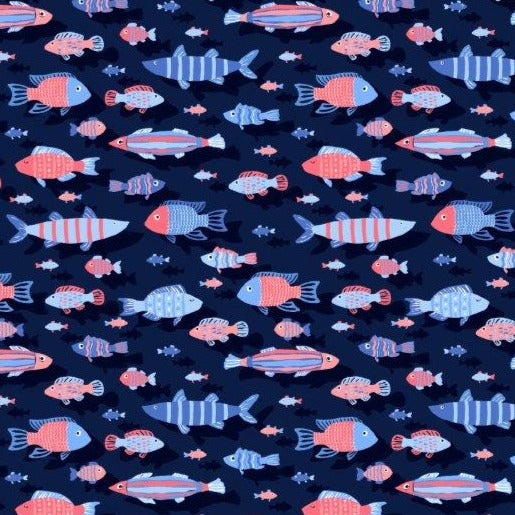 Arty Fish woven shirt navy artistic fish graphic detail close up