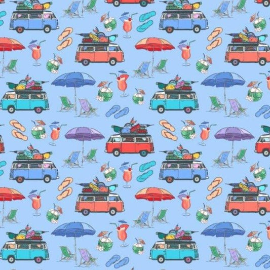 Beach Day woven shirt blue beach-inspired graphic detail close up