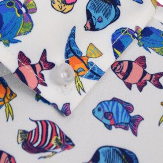Exotic Fished woven shirt white detailed fish pattern close up