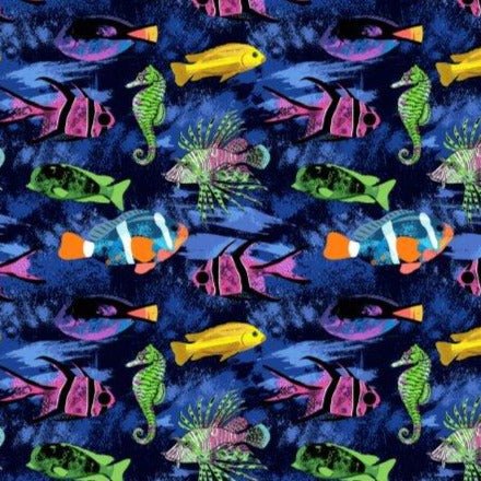 Fish swim trunks deep navy ocean fish pattern detail close up