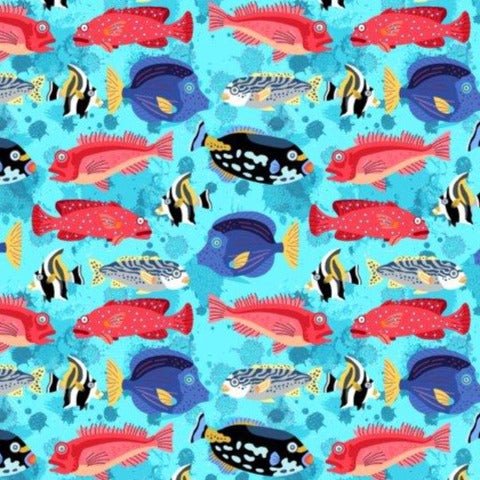 Fishes woven shirt aqua fish graphic detail close up