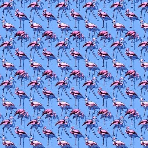 Flamingo Flock swim trunks blue tropical flamingo pattern detail close up