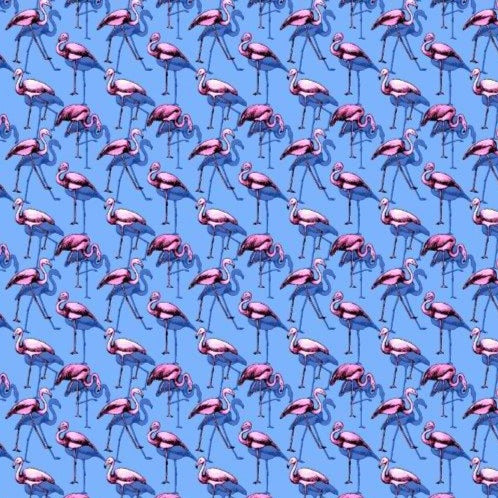 Flamingo Flock woven shirt blue flamingo graphic detail close up