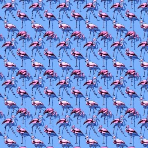 Flamingo Flock woven shirt blue flamingo graphic detail close up