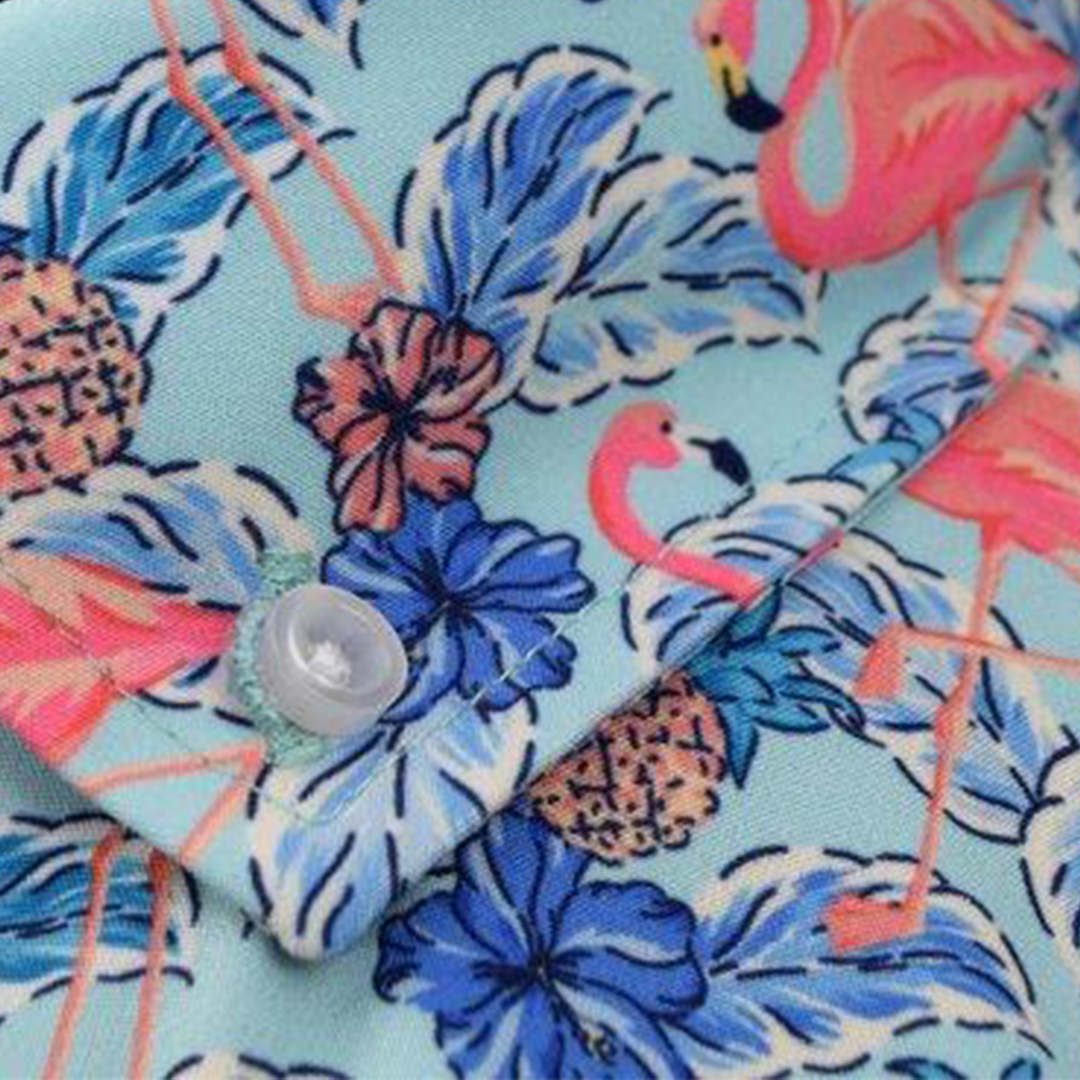 Flamingo Paradise woven shirt tropical flamingo graphic detail close up