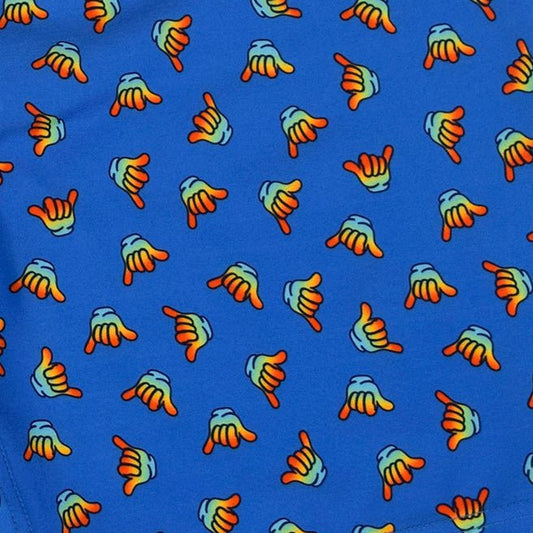 Hang Loose boardshorts blue design detail close up