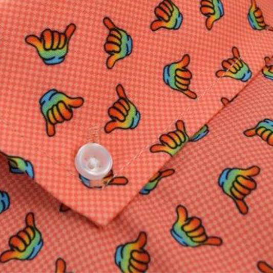 Hang Loose woven shirt coral hang loose hand graphic detail close up