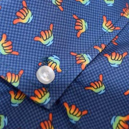 Hang Loose woven shirt navy hang loose hand graphic detail close up