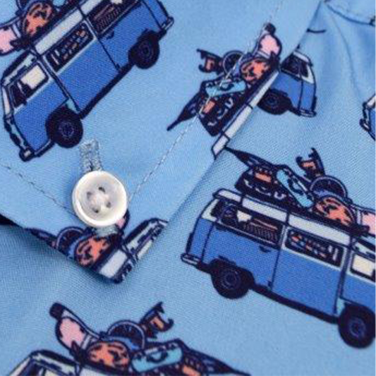 Hippie Van woven shirt blue retro van graphic detail close up