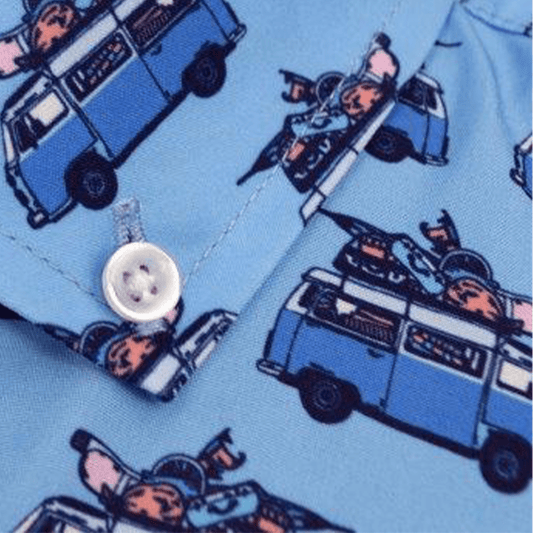 Hippie Van woven shirt blue retro van graphic detail close up