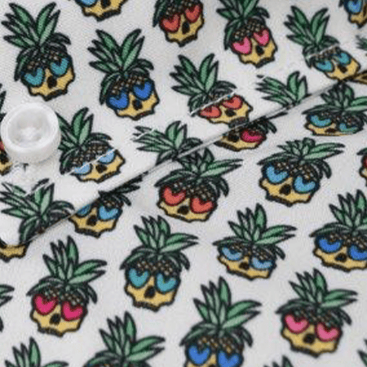 Pineapple Skull woven shirt white pineapple skull graphic detail close up
