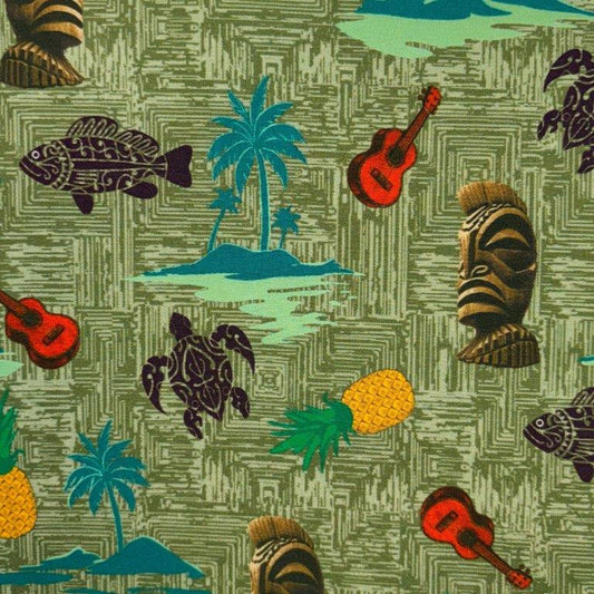 Isla Bonita Woven Shirt olive tropical pattern detail close up