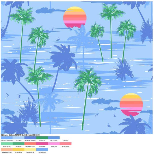 Island Paradise woven shirt blue tropical graphic detail close up