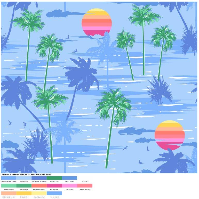 Island Paradise woven shirt blue tropical graphic detail close up