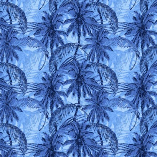 Palms Galore woven shirt blue tropical palms graphic detail close up