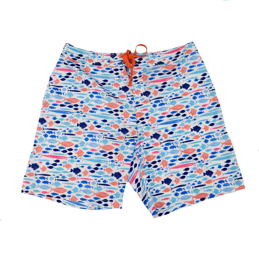 Shoalmates boardshorts pattern detail close up