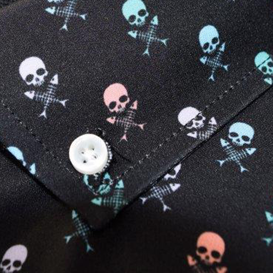Skull Fish Bones woven shirt black skull and fish bones graphic detail close up